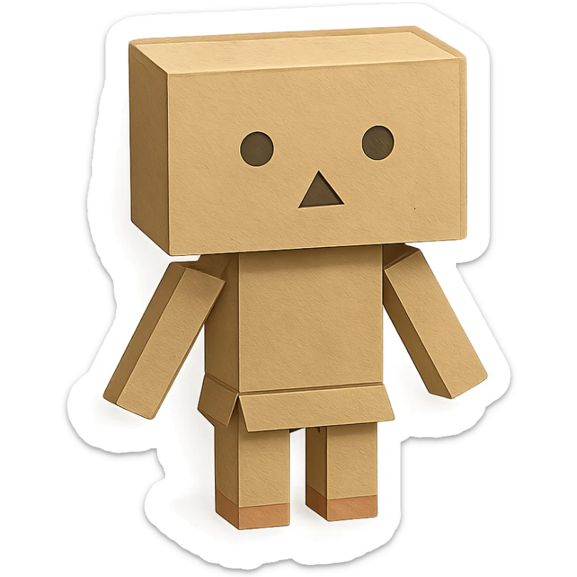 Danbo, the cardboard robot, in a softly lit room with wooden floor, cartoonish style, clean lines, pastel palette, cozy and nostalgic mood sticker