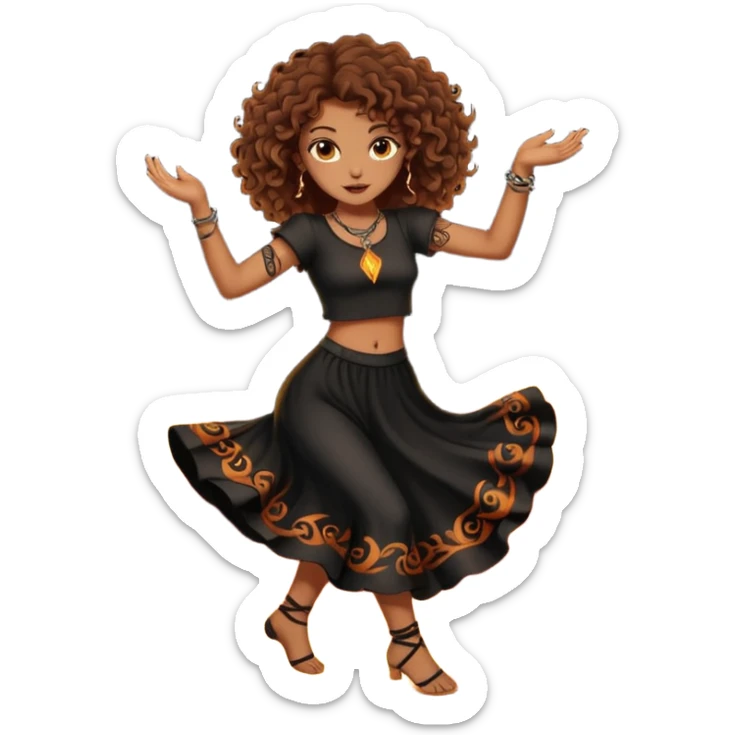 Sexy brown eyes, brown curly hair, white ethnicity with tattoo, mystic vibe, dancing in the fire in the night  sticker