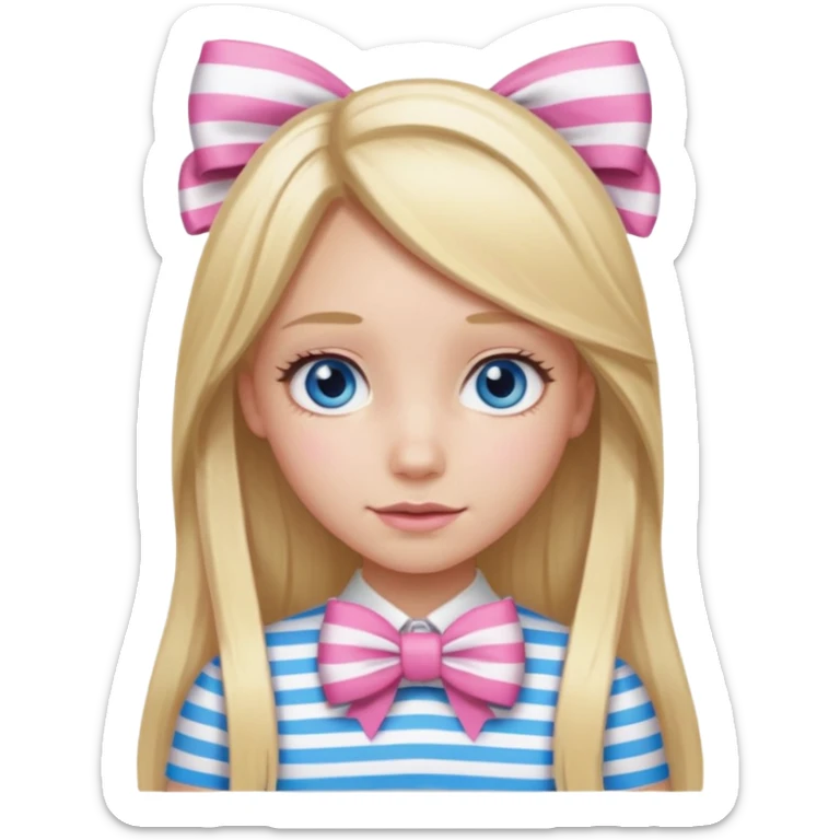 blonde girl long hair middle part, blue eyes,at with a bow sticker
