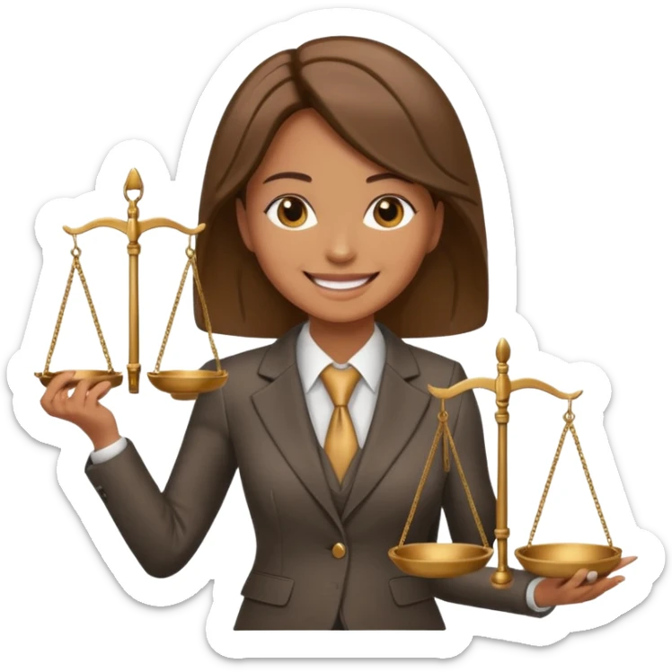 lawyer woman, standing with scales of justice, business suit, smiling sticker