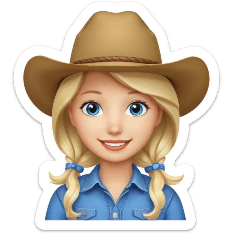 Create a girl emoji that has blonde hair, is white, has a cowboy hat on and blue eyee sticker