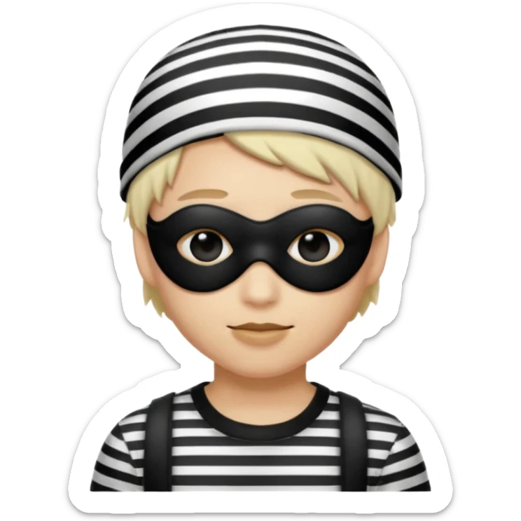 Realistic ios emoji-style portrait of a classic burglar, a black eye mask and a black-and-white striped shirt. Highly detailed, natural skin texture, soft cinematic lighting, realistic shadows, smooth gradients, clean outline, glossy reflections in the eyes. emoji-like hair, burglar’s hat  sticker