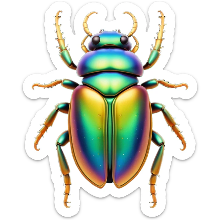 Cinematic Noble Beetle Portrait Emoji, Poised and robust, with a shiny, metallic exoskeleton in deep, iridescent hues and intricately detailed patterns, sharp, focused eyes and a sturdy, commanding form, Simplified yet sharply defined features, highly detailed, glowing with a cool, reflective luminescence, high shine, intelligent and resilient, stylized with an air of natural armor, focused and alert, soft glowing outline, capturing the essence of a watchful beetle that appears ready to crawl out of the screen with effortless strength! sticker