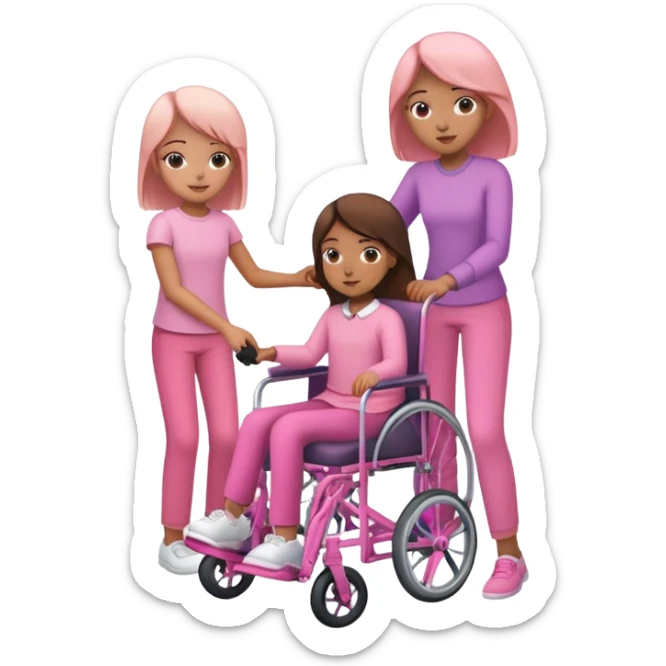 One peach skin sister pushing her light brown skin sister in a pink wheelchair sticker