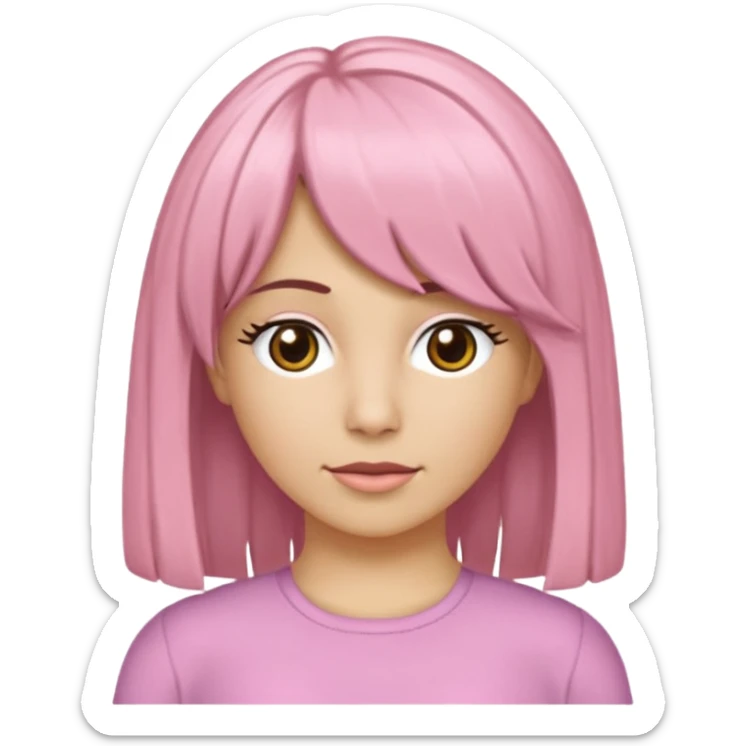 Uma garota de cabelos castanhos escovados médios, side bangs jogada para a direita, uma blusa branca estilo anos 2000 com detalhes em renda óculos com armação douradas e lábios rosados sticker