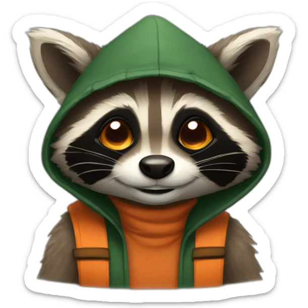 brown raccoon with orange eyes and a dark green hood that is laughing sticker