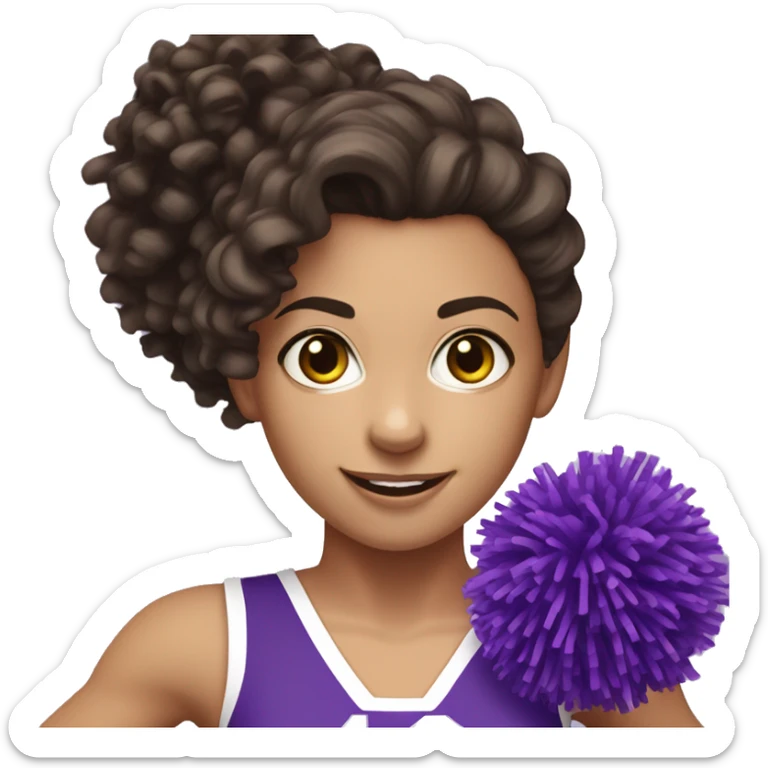Caucasian cheerleader with dark brown curly hair, holding up purple Pom-poms sticker