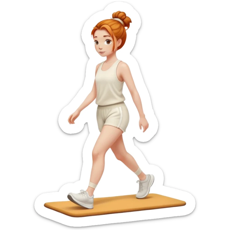 Beautiful Ginger girl messy bun walking on walking pad cream gym outfit sticker