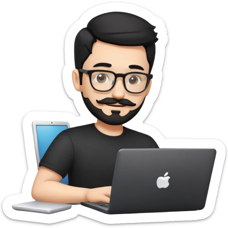 Create an emoji-style illustration of a person using a laptop. The person should have black hair styled similarly to the Apple Memoji, with a mustache, beard, and glasses. The character should be wearing a black shirt and looking at the laptop screen with a focused yet friendly expression. The laptop should be modern, slightly open, and have a glowing screen. The style should match existing emoji aesthetics, with smooth shading, rounded features, and a clean, minimalistic background. sticker
