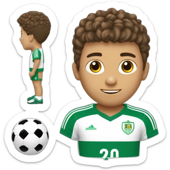 Niño con pelo castaño corto con flequillo y equipación de fútbol del recreativo de huelva sticker
