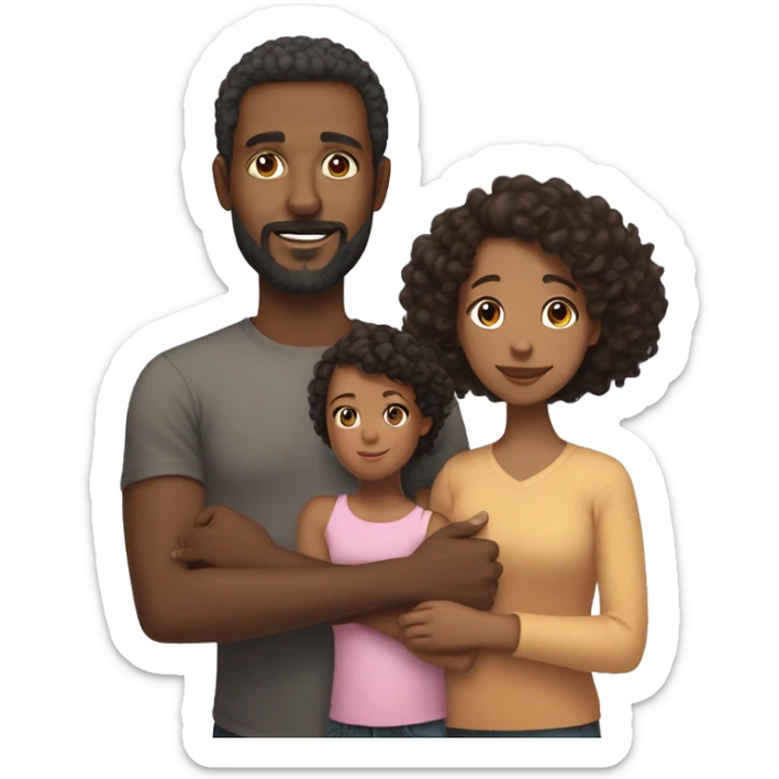 A family, black father short hair and unshaven beard, brown mother black hair on her shoulders, daughter 10 years old, curly hair on her shoulders sticker