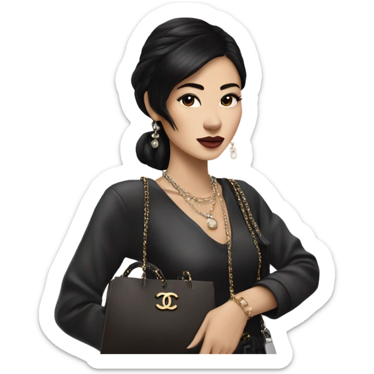 Realistic Dark hair Chanel Asian Girl with Birkin bag and Chanel necklace sticker