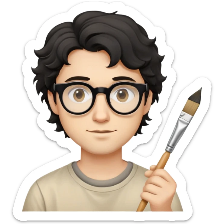 Young caucasian man with black wavy hair, round glasses, beige painting shirt, holding a square paintbrush sticker