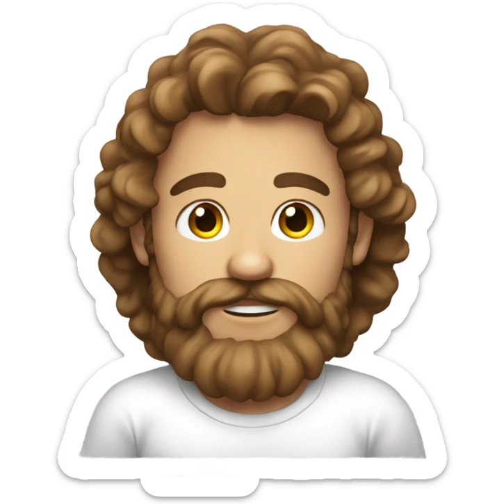 a person with a light beard and long curly hair and brown eyes wearing a white t shirt and looking at the camera s sticker