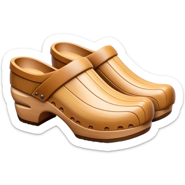 Cinematic Realistic Wooden Clogs Emoji, depicting the classic handcrafted footwear with a smooth, curved design and sturdy wooden soles, rendered with rich textures and warm, natural lighting. sticker