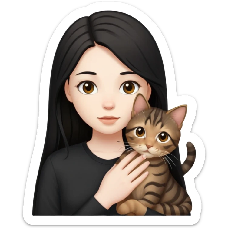 a  girl with black long hair with a brown tabby with black shirt sticker