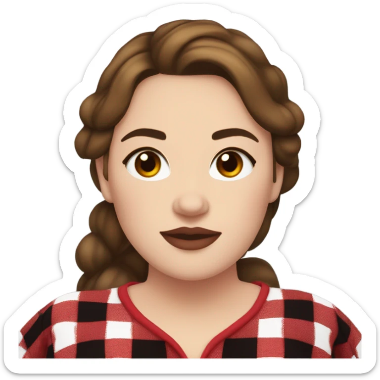 Plus size woman with brown hair and brown eyes wearing red and black buffalo plaid pjs. White skin. sticker