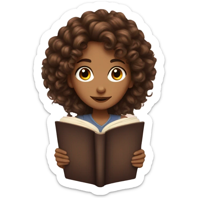 A young woman with curly brown hair and brown eyes looks into a book sticker