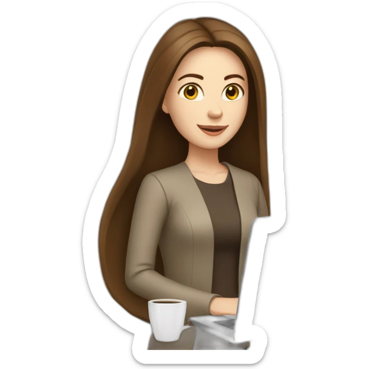 woman with long straight brown hair and pale skin using a laptop to carry coffee mug sticker