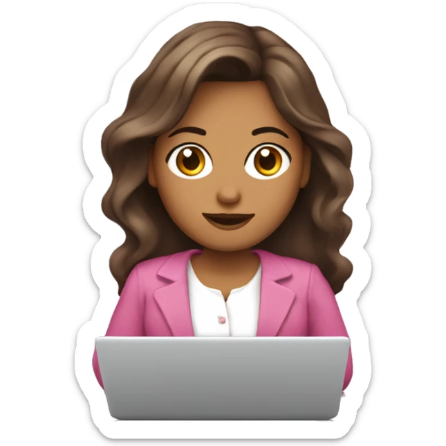 mujer cabello castaño, piel blanca, con ojos grandes cafe, con una laptop y camisa de color rosa. sticker