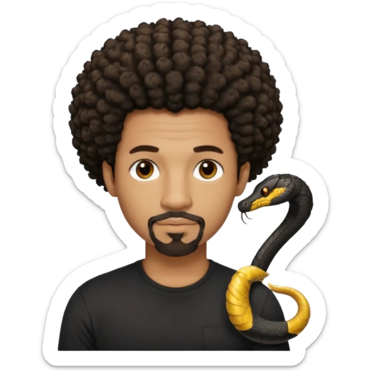 Homme noir, yeux marron avec un bouc sans la moustache, cheveux court et bouclé crépus avec un dégradé sur le côté, avec un cobra à côté , t-shirt noir  sticker