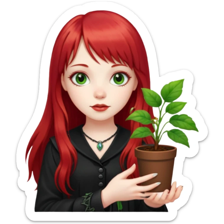 a gothic girl with long red hair and bangs holding a lucky pin and plant sticker