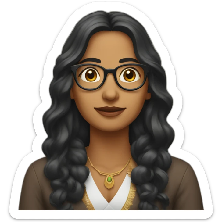 Indian woman with medium long wavy hair wearing glasses and fingers crossed sticker