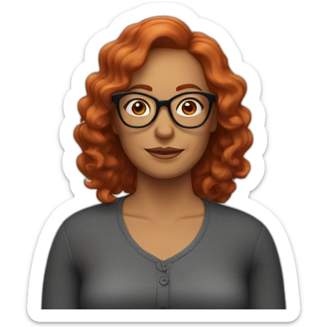 50-year-old woman with wavy red hair, glasses, black frames and a hanger sticker