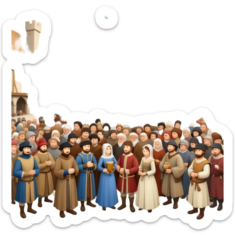 Large crowd of medieval people gathered in town square, mixture of wealthy merchants in fine clothes and commoners in simple attire sticker