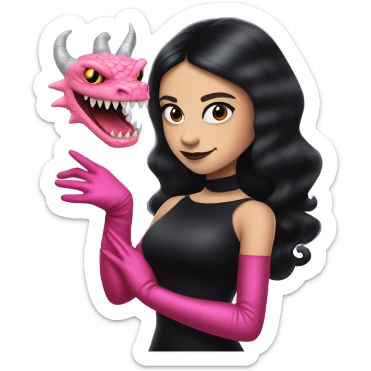  black evening gown with see-through gloves, Jenna Ortega as Addams woman prom queen wearing a mini tiara, very large blood  pink evil-looking horned old dragon companion sticker