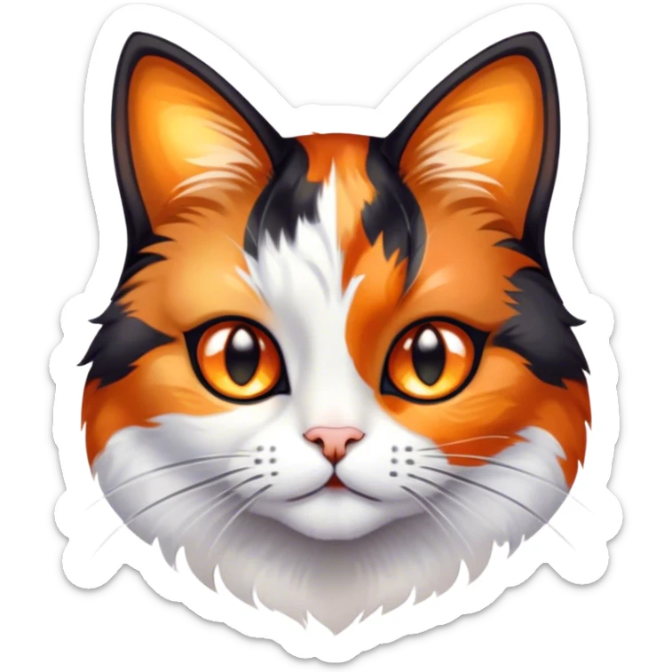 Cinematic Cute Calico Cat Portrait Emoji, Head tilted playfully with sparkling, inquisitive eyes and a charming patchwork fur of orange, black, and white, simplified yet irresistibly adorable, highly detailed, glowing with a warm, inviting glow, high shine, bubbly and affectionate, styled with a touch of whimsical feline charm, soft glowing outline, capturing the essence of a delightfully cute calico cat that looks as if it could prance off the screen into your heart! sticker