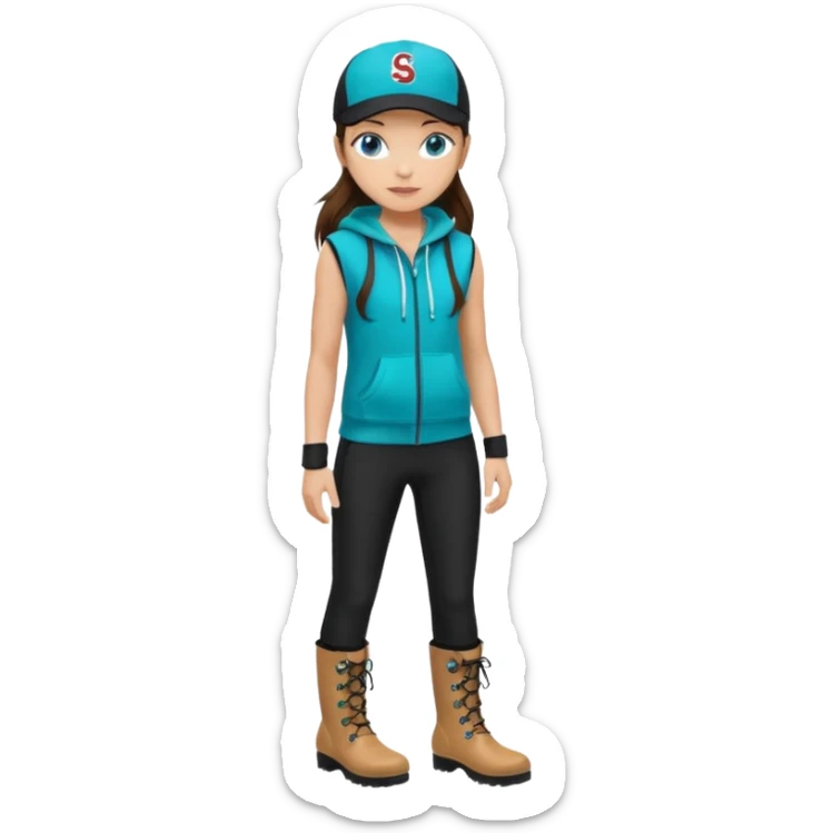 A landscaper in a beautiful turquoise hoody and turquoise rubber boots, black pants, and a black sleeveless shirt. On her head is a black color Swissotel baseball cap. The girl is a brunette with blue eyes. sticker