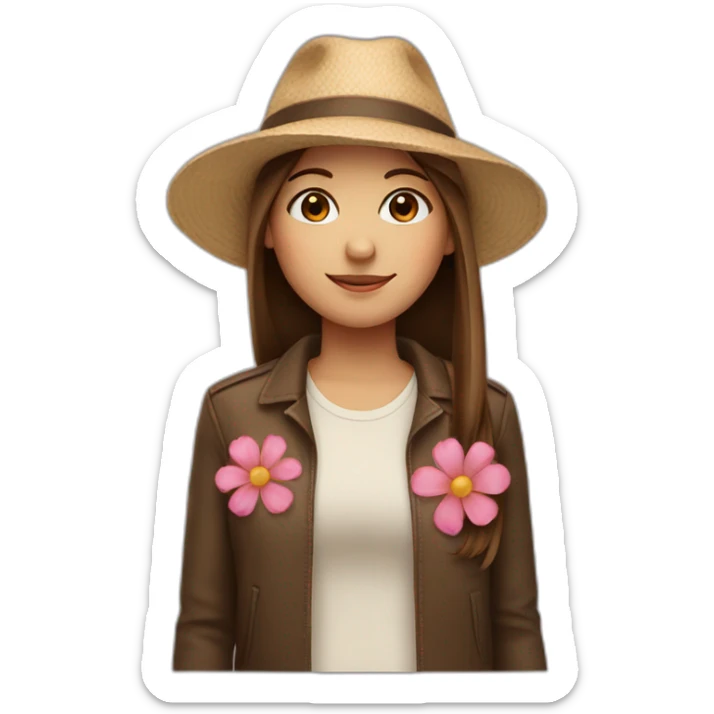 Girl with brown straight hair wearing a hat and flower sticker