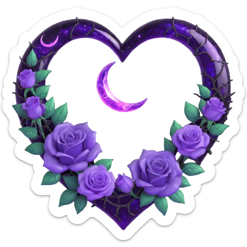 gothic heart made of ultraviolet glass, silver crescent moon, violet roses, holographic stardust, neon purple lightning, wet and cracked glass sticker