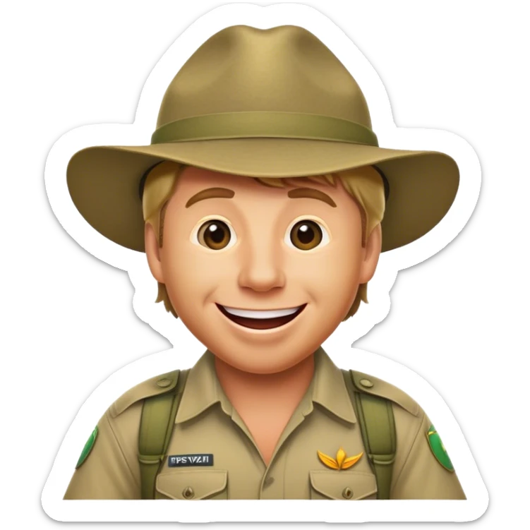 Cinematic Realistic Steve Irwin Portrait Emoji, depicted as a passionate wildlife expert in his signature khaki attire with an enthusiastic smile and a backdrop of the Australian outback, rendered with vibrant textures and dynamic natural lighting that captures his adventurous spirit. sticker
