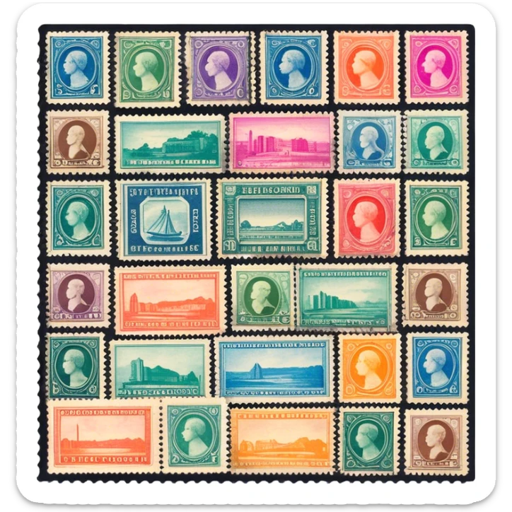 Icon for Stamp Collecting: a collection of vintage and colorful stamps arranged in an album or on a desk, with a large stamp block in the center showcasing different themes. The icon should reflect the charm and history of philately. Transparent background. sticker