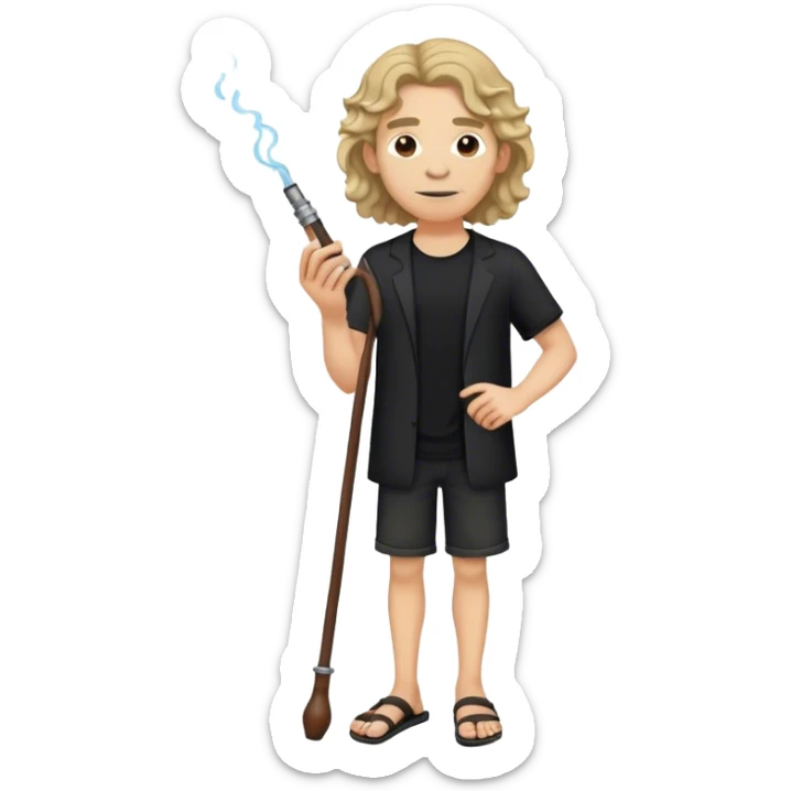 A tall, thin guy with shoulder-length wavy hair, wearing sandals and black clothes, holding a pipe sticker