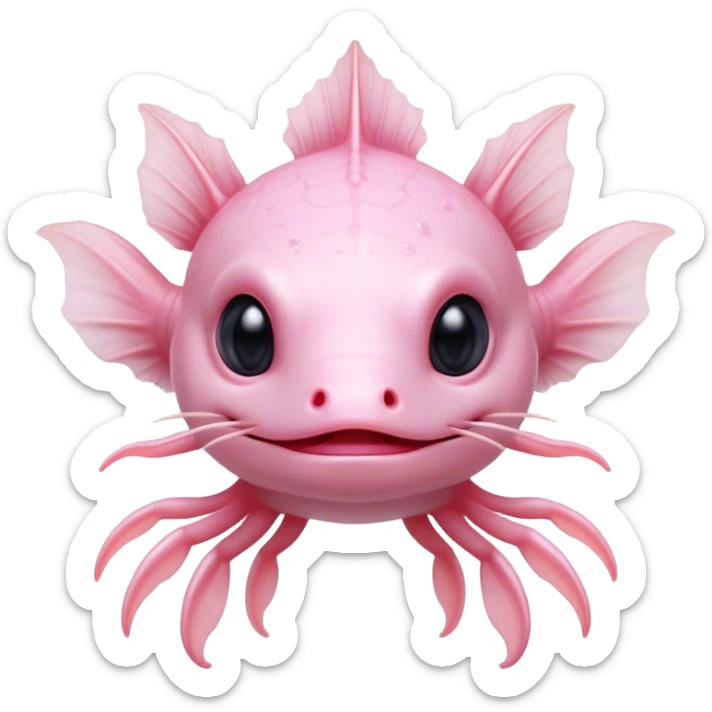 Cinematic Noble Axolotl Portrait Emoji, Poised and regal, with a slender, graceful build and smooth, pale pink skin adorned with feathery external gills, deep-set soulful dark eyes, Simplified yet sharp and sophisticated features, highly detailed, glowing with a soft, ethereal glow, high shine, intelligent and enigmatic, stylized with an air of aquatic elegance, focused and attentive, soft glowing outline, capturing the essence of a watchful and mystical creature, so majestic it feels as though it could glide out of the screen with effortless authority! sticker
