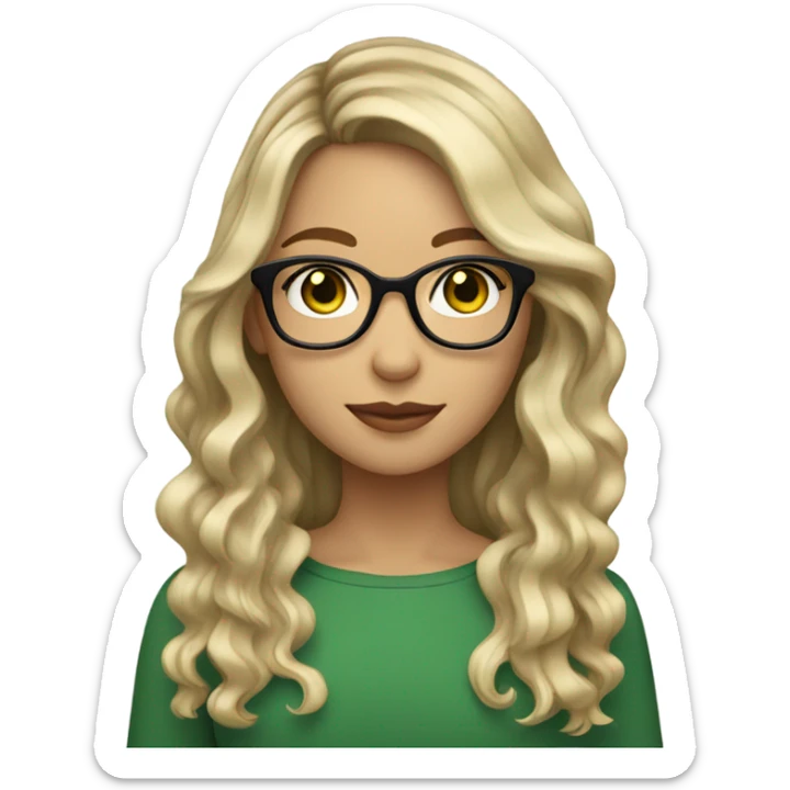 Girl with Longbob wavy dark Brown Hair and blond highlights in front of the hair and she wears glasses and has green eyes sticker