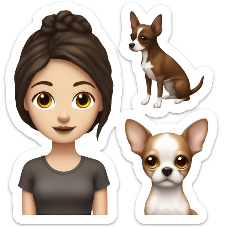 white girl with dark brown hair and freckles with a chihuahua sticker