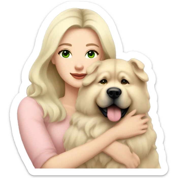 pretty woman with pale skin, very long black hair and green eyes and light pink outfit hugging a beige fluffy chow chow dog sticker