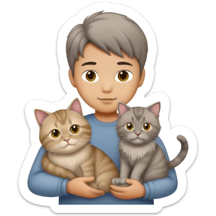 Chinese boy holding a grey longhair cat and a British longhair golden cat sticker