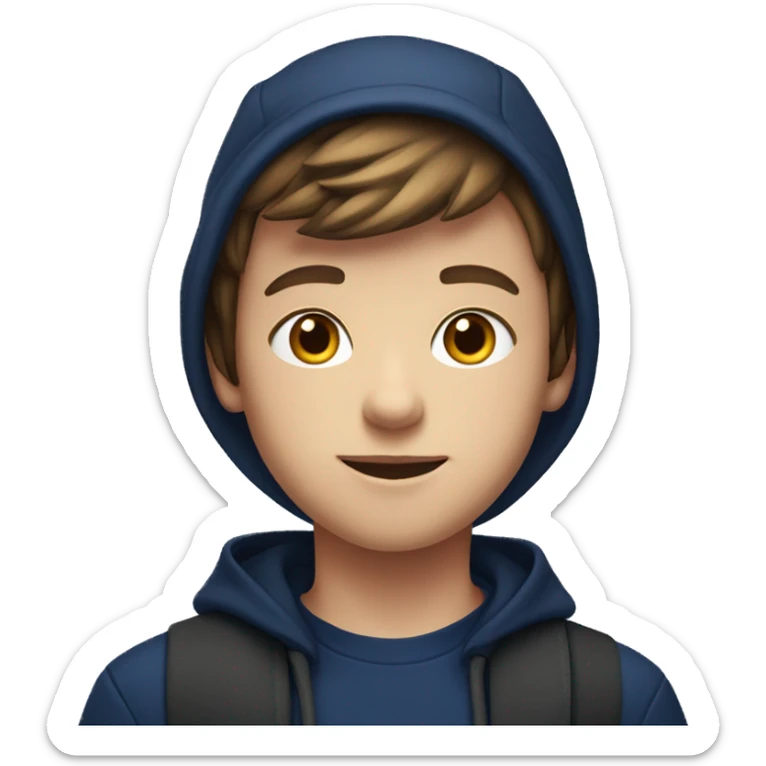 12-year-old boy, with birthday hat, brown hair, navy blue hoodie, dark blue eyes sticker