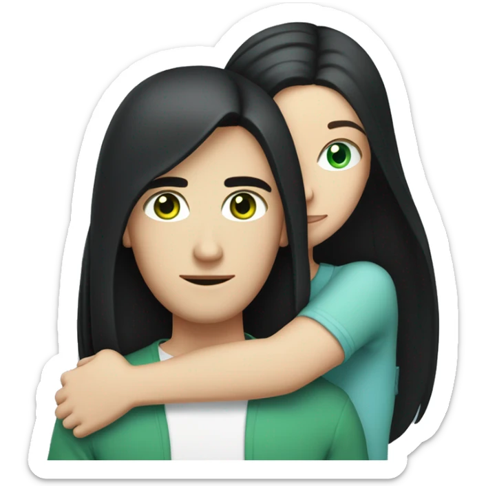 White brunette man with blue eyes hugging white woman with long straight black hair and green eyes sticker