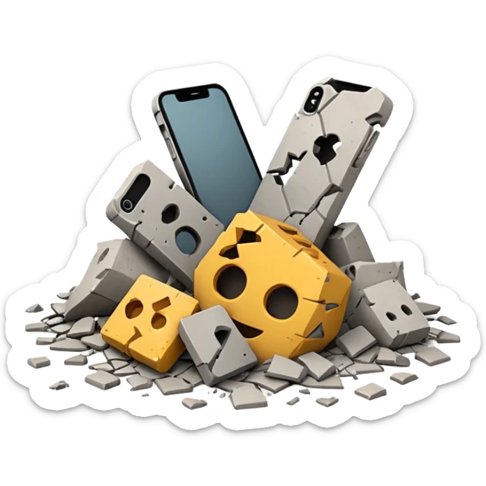 3D iPhone style emoji of debris and ruins, broken pieces of concrete and metal scattered, chaotic structure, isolated on white background, soft shadows, high detail, playful and cute. sticker