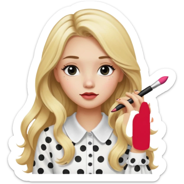niña rubia con pelo largo y blusa blanca con lunares y maquillandose sticker