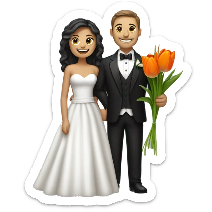 Wedding-themed emoji of a joyful couple. The man, in a black tuxedo, holds orange tulips, and the woman, in a white dress, holds a small flower. They stand close, smiling, with her arm on his shoulder, against a simple background sticker