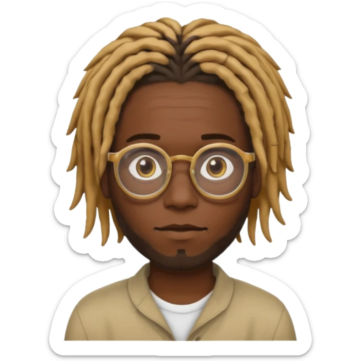  black dark skin to brown male with dreads that are medium short with honey blond on one dyed one parted side  of his hair wearing clear glasses  sticker