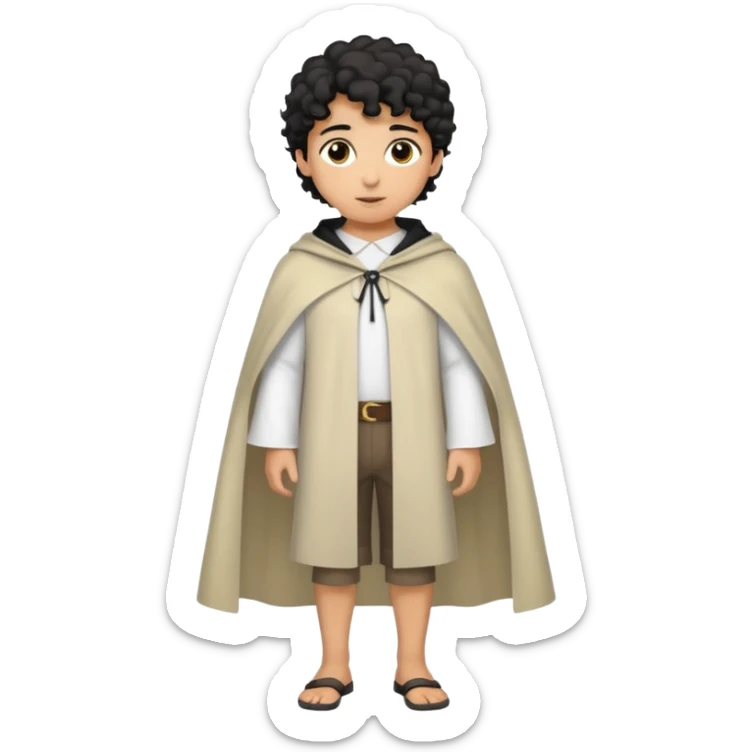 Apariencia: Joven de unos 25-30 años, atractivo,.
-Rostro: Ojos oscuros, piel ligeramente morena, rasgos árabes finos.
-Cabello: Negro, rizado corto, viste como cristiano (camisa blanca, capa corta, colores sobrios). Que salga de cuerpo completo sticker