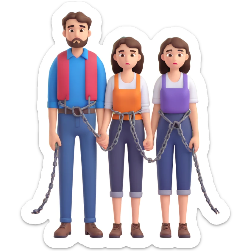 sad innocent couple man and woman in simple rural clothes with chains on their hands standing in front of a small village angry villagers shouting and pointing fingers in the background couple looks helpless and tired bright emoji-like colors cartoonish expressive style sticker